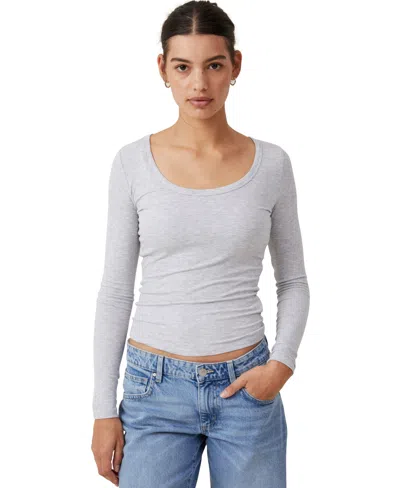 Cotton On Women's Staple Rib Scoop Neck Long Sleeve Top In Grey Marle
