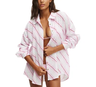 Cotton On Women's The Essential Beach Cover-up Shirt In Coconut Milk,pink,garnet Red Stripe