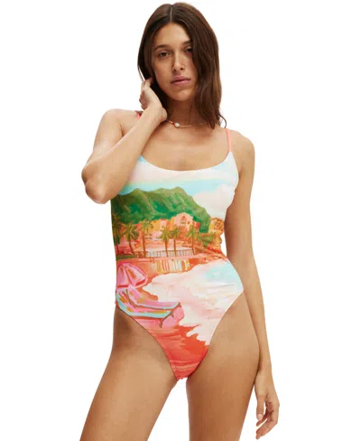 Cotton On Women's Thin-strap Low-scoop One Piece Cheeky Swimsuit In Sunset Resort Multi