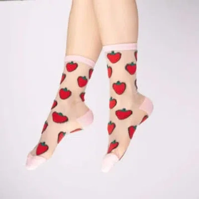 Coucou Suzette Transparent Socks Strawberries In Pink