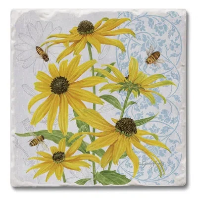 Counterart Absorbent Stone Beverage Coasters - Set Of 4 - Black Eyed Susans In Yellow,green,blue