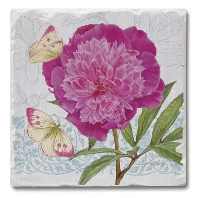 Counterart Absorbent Stone Beverage Coasters - Set Of 4 - Botanical Peony In Pink,blue,green