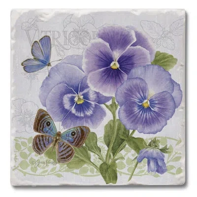 Counterart Absorbent Stone Beverage Coasters - Set Of 4 - Purple Pansies In Purple,green,blue