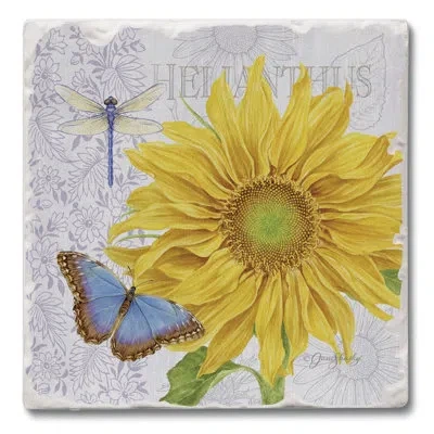 Counterart Absorbent Stone Beverage Coasters - Set Of 4 - Sunflower In Yellow,blue,gray