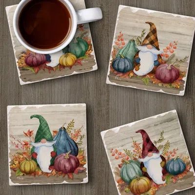 Counterart Autumn Gnomes 4 Pack Assorted Tumbled Tile Stone Coasters In Brown;white;green;red;orange