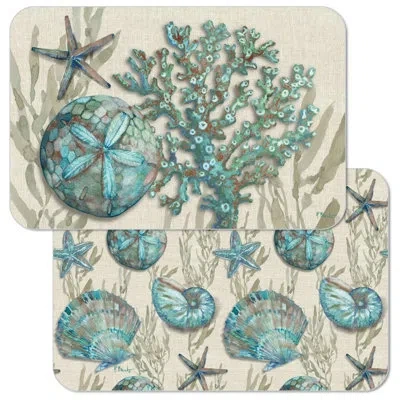 Counterart Beach Shells 4 Piece Reversible Rectangular Easy Care Placemats In White;green;gray;multicolor