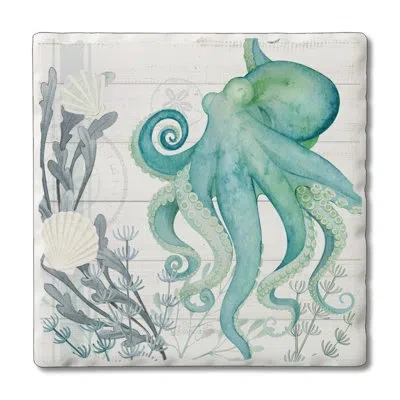 Counterart Beach Therapy Octopus 1 Pack Single Absorbent Stone Coaster In Turquoise,white