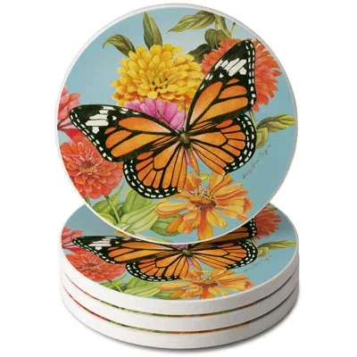 Counterart Beautiful Monarch 4-pack Round Absorbent Stone Coasters In Blue;black;green;yellow
