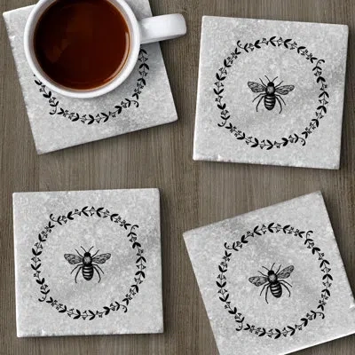 Counterart Bee 4 Pack Natural Marble Absorbent Stone Coasters With Protective Cork Backing In White,black