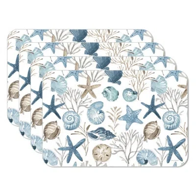 Counterart Blue Escape 4 Piece Reversible Easy Care Placemats In Blue;white;tan