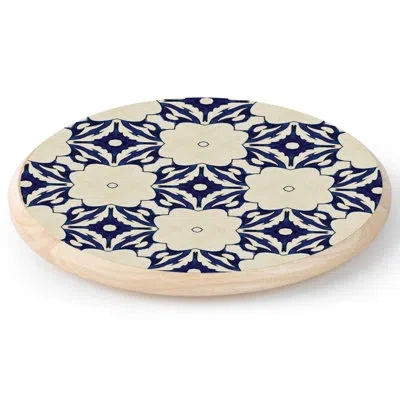 Counterart Blue Floral Tile Pattern Wood Lazy Susan Turntable In Blue;brown