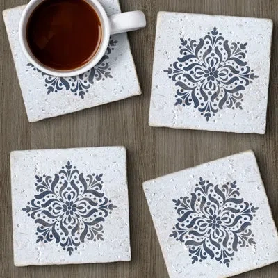 Counterart Blue Medallion 4 Pack Natural Shell Stone Absorbent Stone Coasters With Protective Cork Backing In White,blue