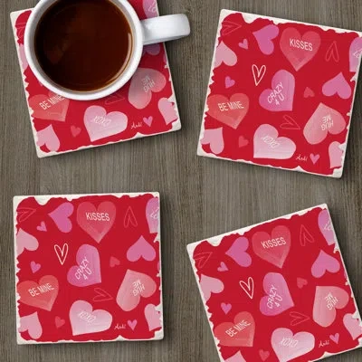 Counterart Candy Hearts 4-pack Tumbled Tile Stone Coasters In White;red;pink