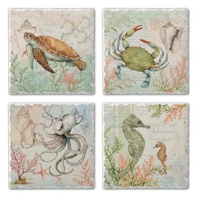Counterart Caribbean Seas 4-pack Assorted Tumbled Tile Coasters In Brown;green;gray