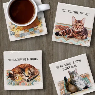 Counterart Cat Nappy 4-pack Tumbled Tile Stone Coasters In Black;brown;white;orange