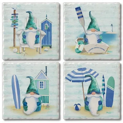 Counterart Coastal Gnomes 4 Pack Assorted Tumbled Tile Stone Coasters In Blue;white;green