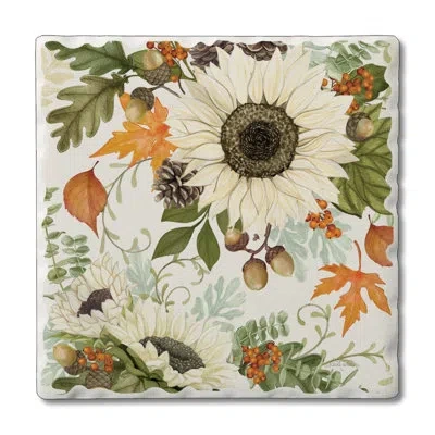 Counterart Farmhouse Sunflowers 1 Pack Single Absorbent Stone Coaster In Cream,green,orange