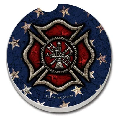Counterart Firefighter Black Ink Design 1 Pack Absorbent Stone Coaster For Vehicle Cup Holder 2.6” Diameter In Muticolor