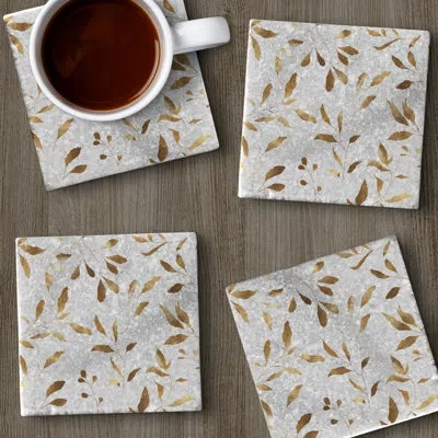Counterart Gilded Vine 4 Pack Natural Marble Absorbent Stone Coasters With Protective Cork Backing In Light Gray,gold