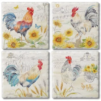 Counterart Good Morning Sunshine Roosters 4 Pack Assorted Tumbled Tile Stone Coasters In Black;white;yellow;orange