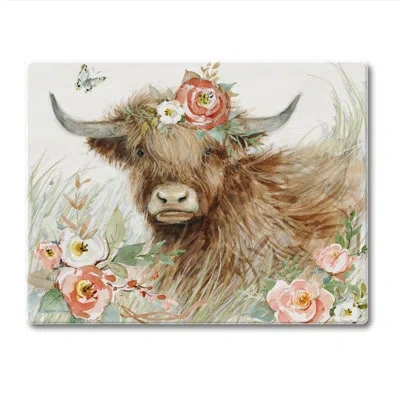 Counterart Highland Cow Bloom Tempered Glass Cutting Board 10" X 8"
