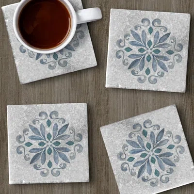 Counterart Jeweled Mandala 4 Pack Natural Marble Absorbent Stone Coasters With Protective Cork Backing In Blue,green,ivory