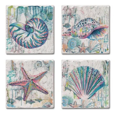 Counterart Jewels Of The Sea 4-pack Absorbent Stone Tumbled Tile Coasters In Blue;white;gray;pink