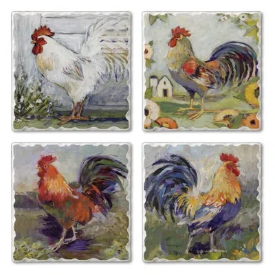 Counterart Meadowbrook Farm Roosters 4-pack Assorted Tumbled Tile Coasters In Black;white;green;red;yellow;orange