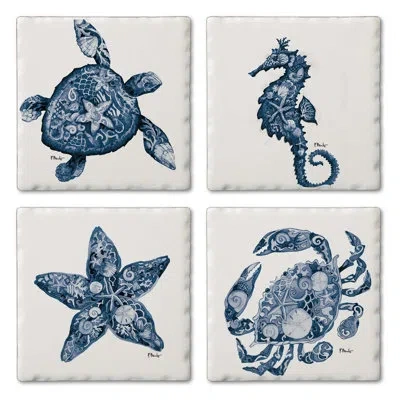 Counterart Nassau Sea Life 4-pack Assorted Tumbled Tile Coasters In Blue;white