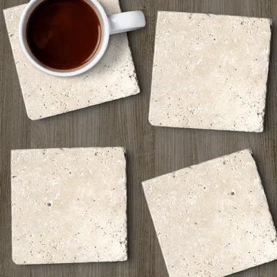 Counterart Natural Travertine 4 Pack Absorbent Stone Coasters With Protective Cork Backing In Cream,ivory