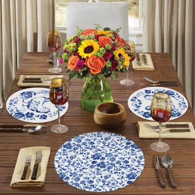 Counterart Painted Blue Flowers 4 Pack Round Reversible Easy-care Placemats