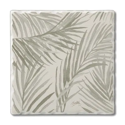 Counterart Palm Fronds 1 Pack Single Absorbent Stone Coaster In Cream,light Gray
