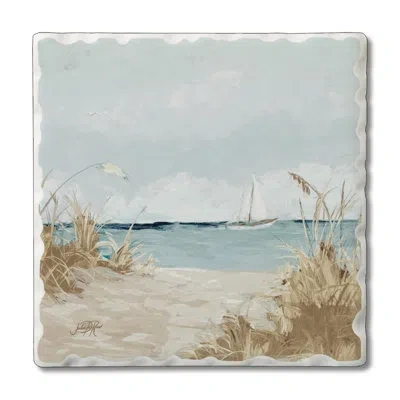 Counterart Peek Of Beach 1 Pack Single Absorbent Stone Coaster In Blue,cream