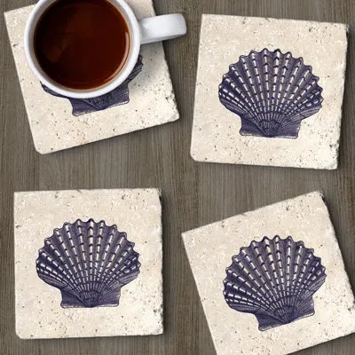 Counterart Scallop Shell 4 Pack Natural Travertine Absorbent Stone Coasters With Protective Cork Backing In Light Brown,navy