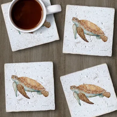 Counterart Sea Turtle 4 Pack Natural Shell Stone Absorbent Stone Coasters With Protective Cork Backing In White,brown