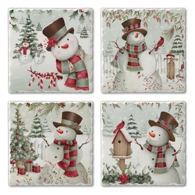 Counterart Snowman 4-pack Assorted Tumbled Tile Stone Coasters In Black;brown;white;red