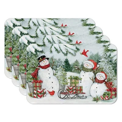 Counterart Snowman's Farmhouse 4 Piece Easy Care Placemat Set In Blue;white;green;red