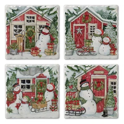 Counterart Snowman's Farmhouse 4-pack Assorted Tumbled Tile Coasters In Black;brown;white;green;red