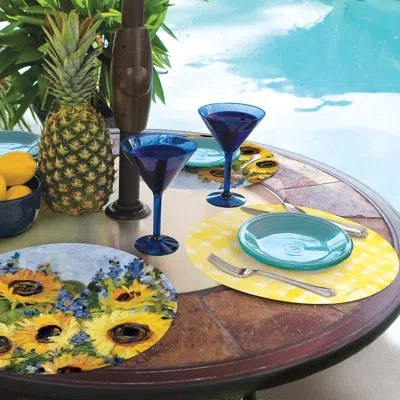 Counterart Sunflower Gallery Reversible Round Easy Care Placemats In Blue;brown;green;yellow