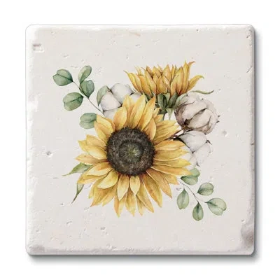 Counterart Sunflowers 4 Pack Natural Shell Stone Absorbent Stone Coasters With Protective Cork Backing In Yellow,green,off White