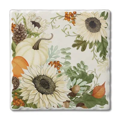 Counterart Sunflowers & Pumpkins 1 Pack Single Absorbent Stone Coaster In Cream,green