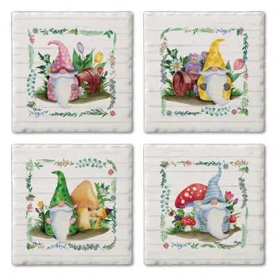 Counterart Thirstystone Spring Gnome 4-pack Tumbled Tile Stone Coasters In White;green;yellow;pink