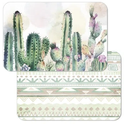 Counterart Watercolor Cacti Reversible Easy Care Placemats In Brown;green;gray;pink;multicolor