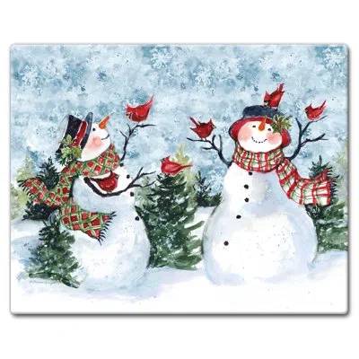 Counterart Watercolor Snowman Tempered Glass Cutting Board 15" X 12" In Blue;white;green;red