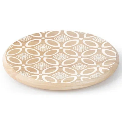 Counterart White Geometric Pattern Wood Lazy Susan Turntable In Brown;white