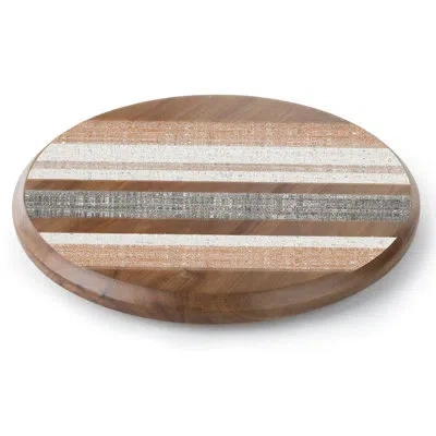Counterart Wide Stripe Round Acacia Wood Lazy Susan Turntable In Brown;white