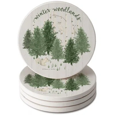 Counterart Winter Woodlands 4-pack Round Absorbent Stone Coasters In White;green