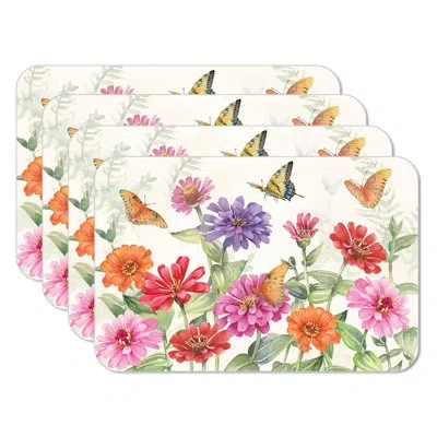 Counterart Zinnias & Butterflies 4 Piece Reversible Flexible Plastic Placemats In White;green;pink;purple