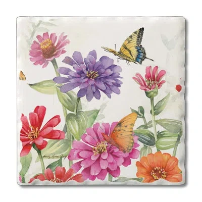 Counterart Zinnias & Butterflies 4-pack Tumbled Tile Stone Coasters In White;green;pink;orange;purple
