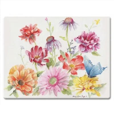 Counterart Zinnias & Butterflies Tempered Glass Cutting Board 10" X 8"